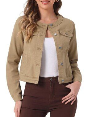 Women's Khaki Denim Jacket Collarless Round Neck Jean Long Sleeve Jackets